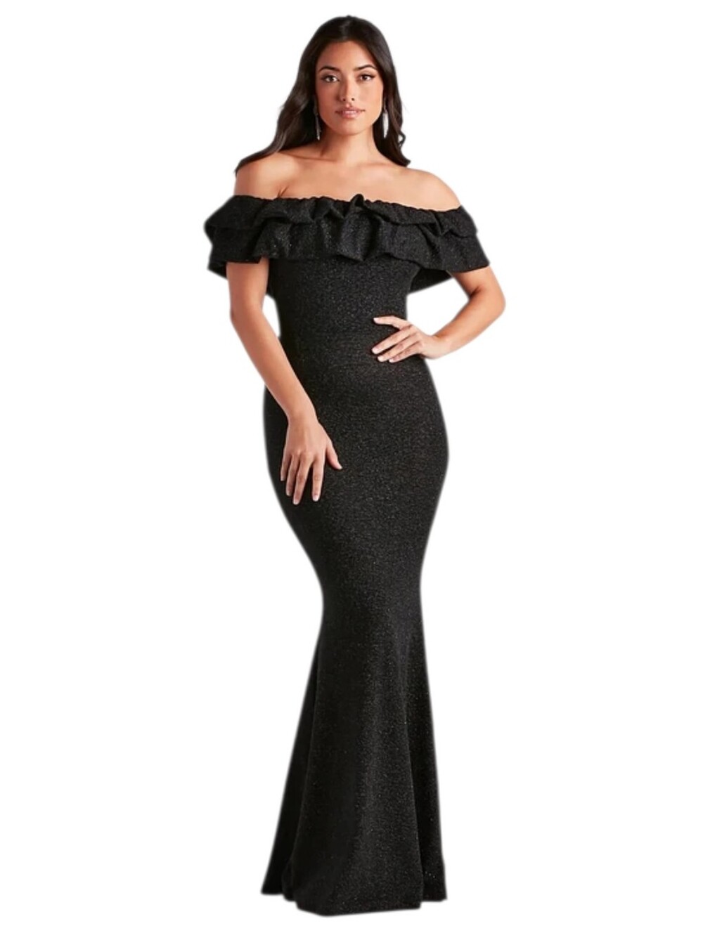 Windsor Halsey Black Sparkly Ruffled Mermaid Evening Gown Dress Size XS Gala
